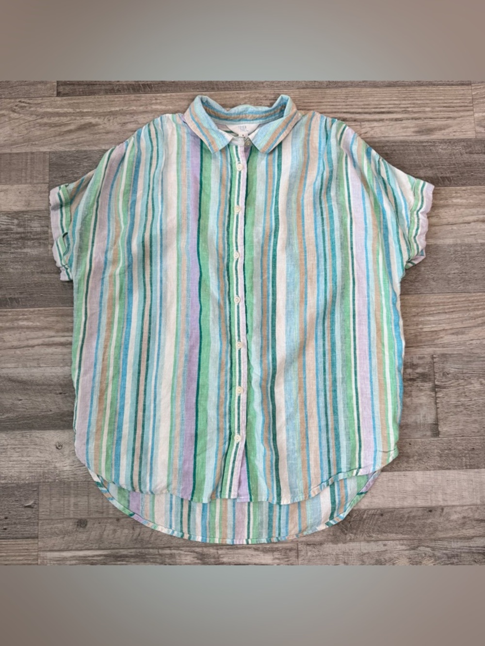 Time + Tru linen blend blue green stripe short sleeve button down size small H48